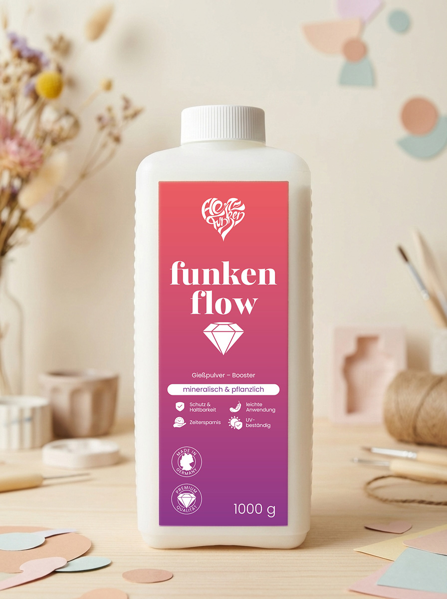 Funkenflow Gießpulver-Booster von Herzfunken für die integrierte Versiegelung von Gips und Beton.