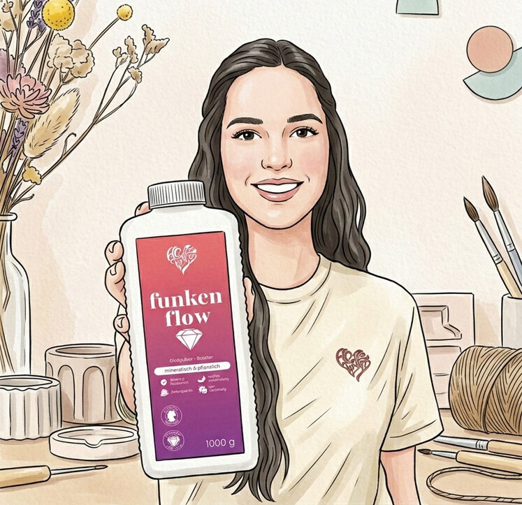 Ramona, Gründerin von Herzfunken, hält eine Flasche Funkenflow Booster für Gießpulver in der Hand.