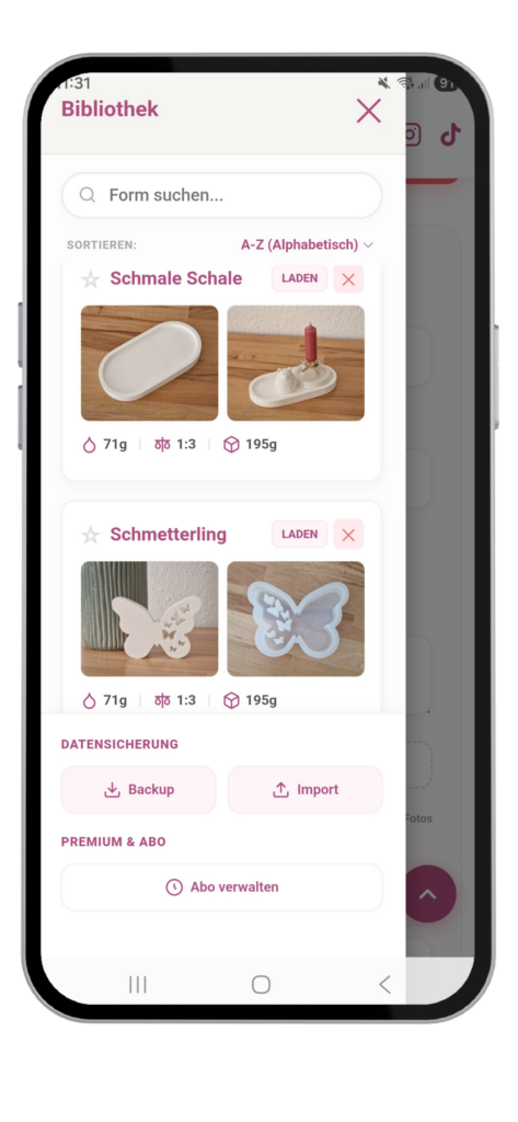 Die Bibliotheks-Übersicht der Herzfunken App mit den gespeicherten Gießformen Schmale Schale und Schmetterling inklusive Mengenangaben.