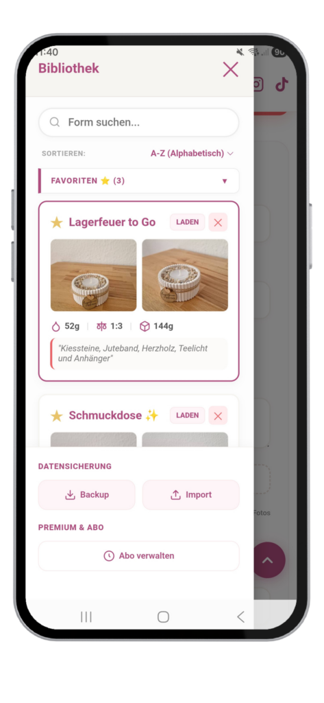 Die geöffnete Favoriten-Ansicht in der Herzfunken App mit gespeicherten Gießformen, Mischverhältnissen und Zubehör-Notizen.