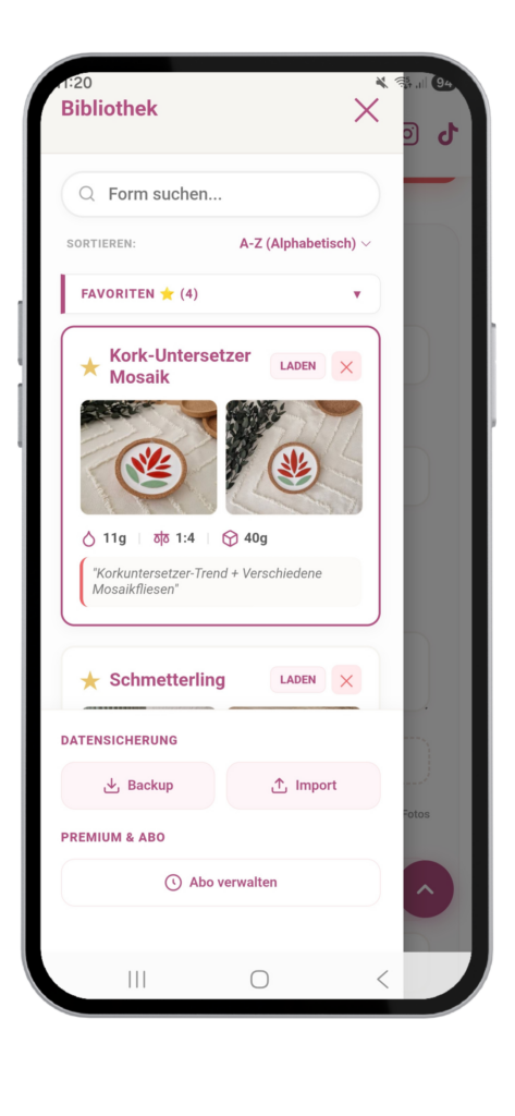 Ein geöffneter Favoriten-Eintrag in der Herzfunken App für Kork-Untersetzer Mosaik mit Mischverhältnis 1:4 und Materialnotizen.