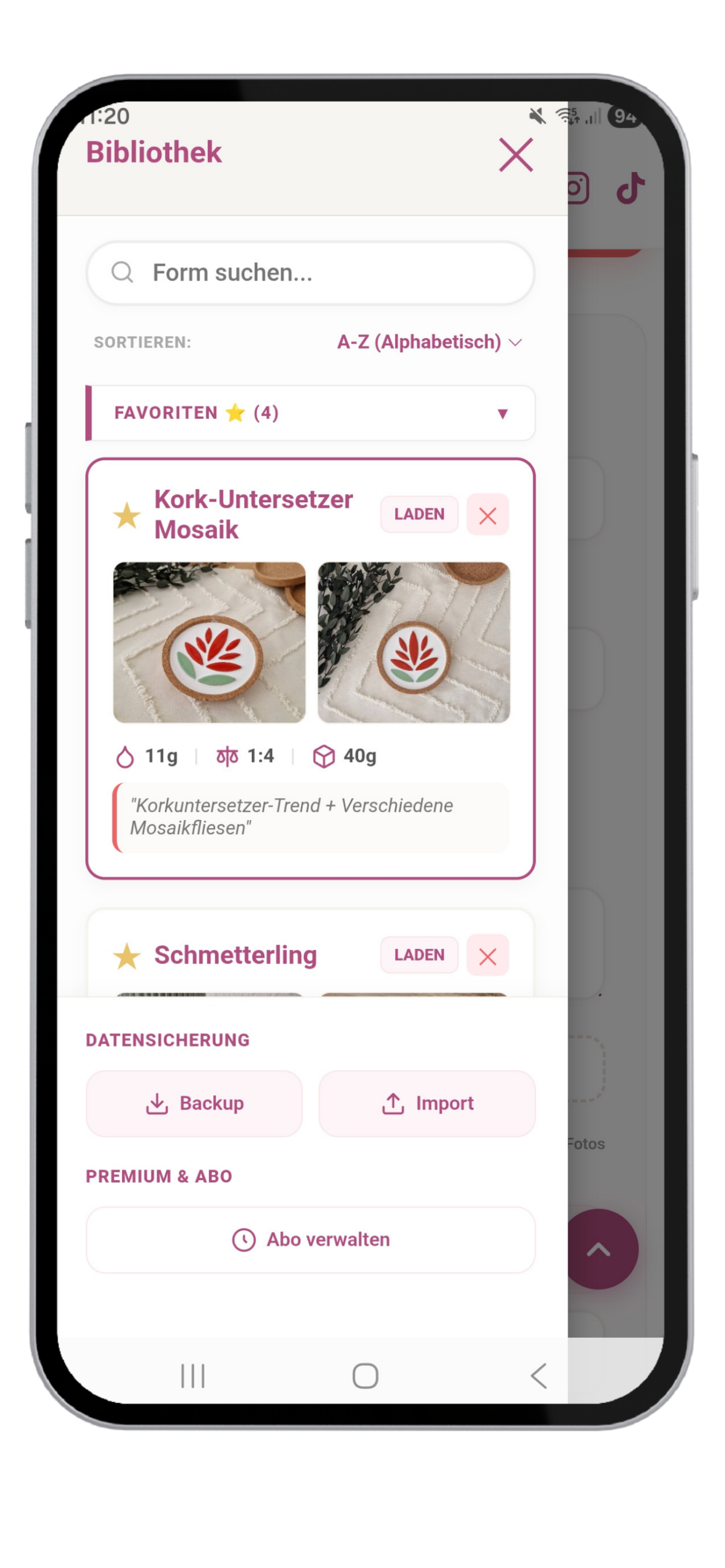 Ein geöffneter Favoriten-Eintrag in der Herzfunken App für Kork-Untersetzer Mosaik mit Mischverhältnis 1:4 und Materialnotizen.